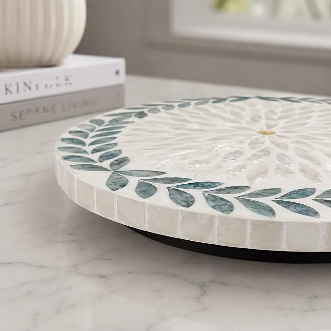 12-Inch Mother of Pearl Lazy Susan Turntable – Decorative Shell Inlay Rotating Serving Tray – Elegant Floral & Leaf Pattern Organizer for Kitchen Counter, Vanity, and Home Decor - Image 4
