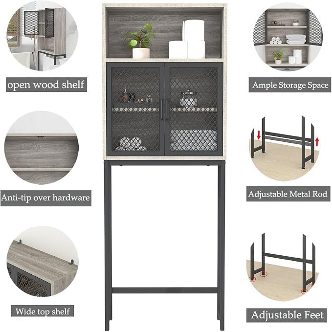 Launica 65 Inch Over The Toilet Storage Cabinet Wood and Metal Light Grey - Image 5