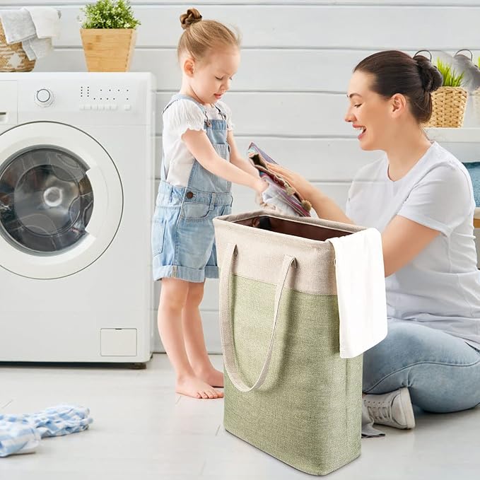 Laundry Basket with Handles Beige&Green Slim Laundry Bin Collapsible Dirty Clothes Basket Narrow Laundry Bag Foldable Dirty Hamper for Camping, Dorms, Apartments - Image 6
