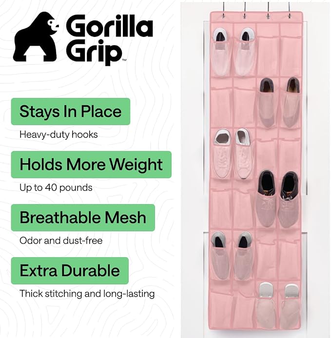 GORILLA GRIP Over the Door Shoe Organizer, 24 Large Pockets, Pink | Breathable Mesh Pocket, Space Saving Hanging Storage Holder, Closet Rack Hanger for Shoes, Pantry and Bathroom Accessories - Image 2