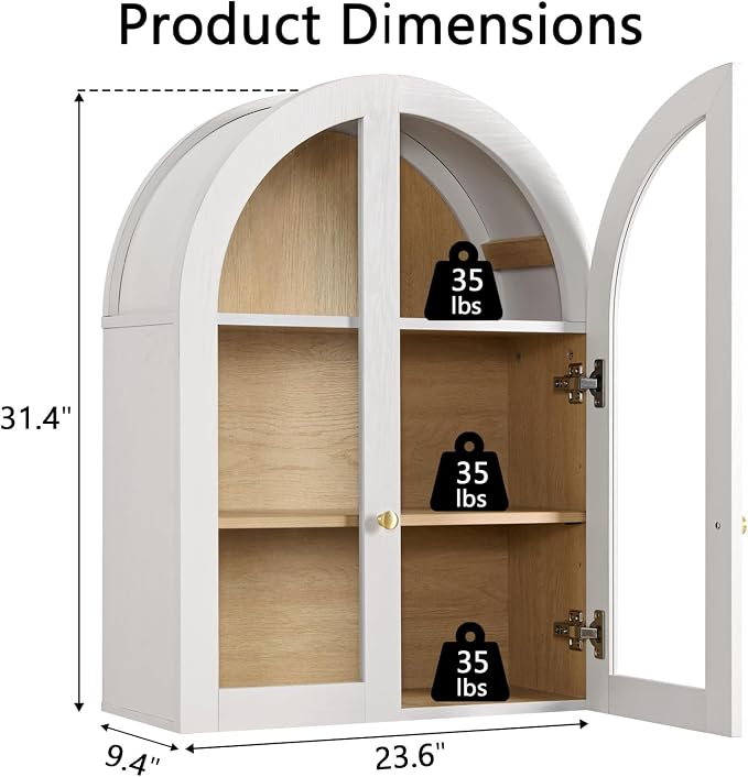 Bathroom Arched Wall Cabinet Over The Toilet Storage Cabinet, 23.5×31.4 Inch bathroom cabinet wall mount with Glass Doors & Adjustable Shelves, Wood Cabinet for Laundry Room, Kitchen, White/Natural - Image 2