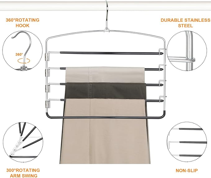 TOPIA HANGER Pant Hangers Space Saving 3 Pack with Non Slip 5 Tiers Hangers | 80% Space Saving Closet Storage Orgainzer, 360° Swivel Hook, Stainless Steel Non Slip 5 Tier Swing Arm for Pant Trouser Jean - Image 6