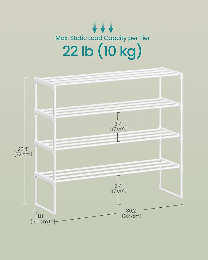 SONGMICS Shoe Rack, 4-Tier Shoe Organizer, Metal Storage Shelf | for Entryway, Upright or Upside Down, for 20-25 Pairs, Stackable, 11.8 x 36.2 x 29.1 Inches, Pearl White ULSA014WK01 - Image 3