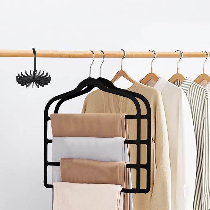 Tinfol Velvet Pants Hanger Space Saving, 4pc Black Non-Silp Velvet Hangers with Hook, Multi Tier Ultra Thin Trousers Hangers, Closet Clothes Hanger Organizer Storage for Trousers, Scarves, Jeans - Image 6