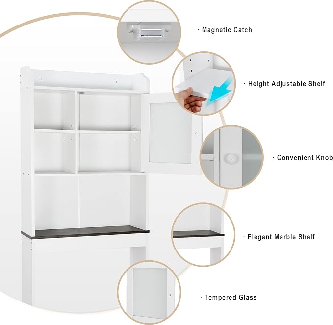 SUPER DEAL Over The Toilet Bathroom Storage Cabinet Freestanding Wooden Bathroom Organizer with Adjustable Shelves and Glass Door, White - Image 6