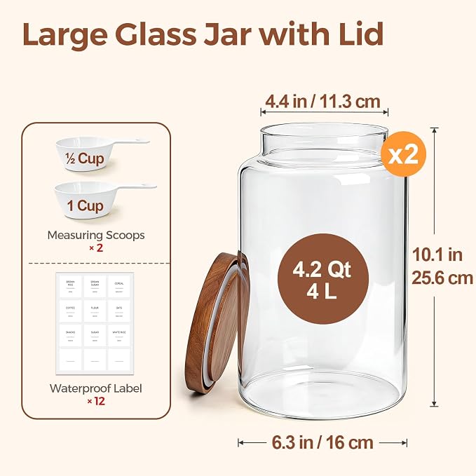 ComSaf Flour Storage Containers with Acacia Wood Lids 1Gallon 2Pack - Image 2