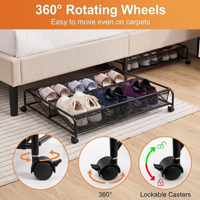 Goaste Under Bed Shoe Storage Organizer with Wheels, Rolling Underbed Storage Containers, Metal Shoe Rack Drawer Space Saving for Bedroom Organization, Shoes, Toys (Black) - Image 4
