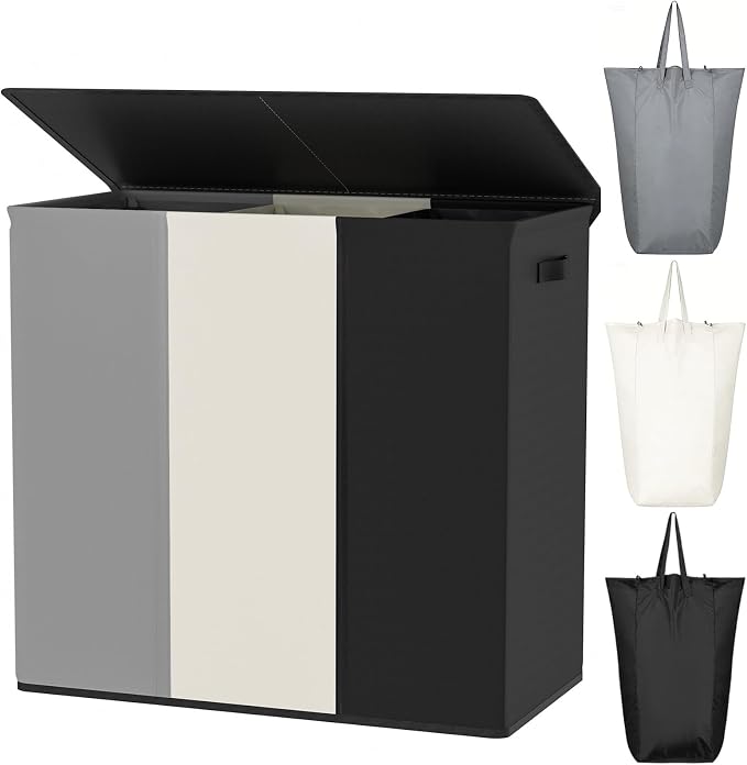 WOWLIVE 180L Laundry Hamper 3 Section, Large Laundry Basket with Lid by WOWLIVE