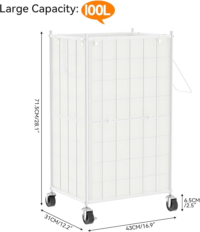 WOWLIVE Rolling Laundry Basket, Metal Wire Frame Laundry Hamper with Wheels - Image 4