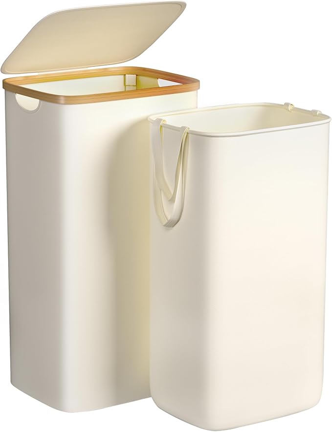 Foluck Large Laundry Hamper, 100L Waterproof Laundry Basket with Lid and Removable Bag, Collapsible Tall Clothes Hamper with Bamboo Handles for Clothes Toys in Dorm Bedroom Bathroom, Beige, ZYL101-W by Foluck