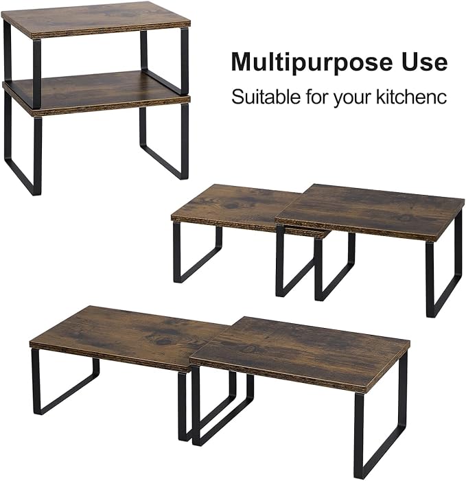 NEX Kitchen Cabinet and Counter Shelf Organizer, Shelf Riser for Pantry Countertop Cupboard Desk Top, Stackable & Expandable, Set of 4, Black and Rustic Brown - Image 5