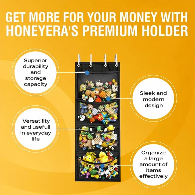 Honeyera The Original Stuffed Animal Storage (Patented) - Over Door Organizer for Stuffies, Toy Plush/Hammock Baby Hanging Storage Net Big Girls Toddler Large Bag Animals (Black) - Image 6