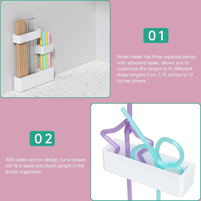 Acrylic Straw Organizer for Cabinet Door - 5.8'' White Adjustable 3-Part Reusable Drinking Straw Holder Dispenser Kitchen Accessories Container Cupboard Door Mounted - Image 6