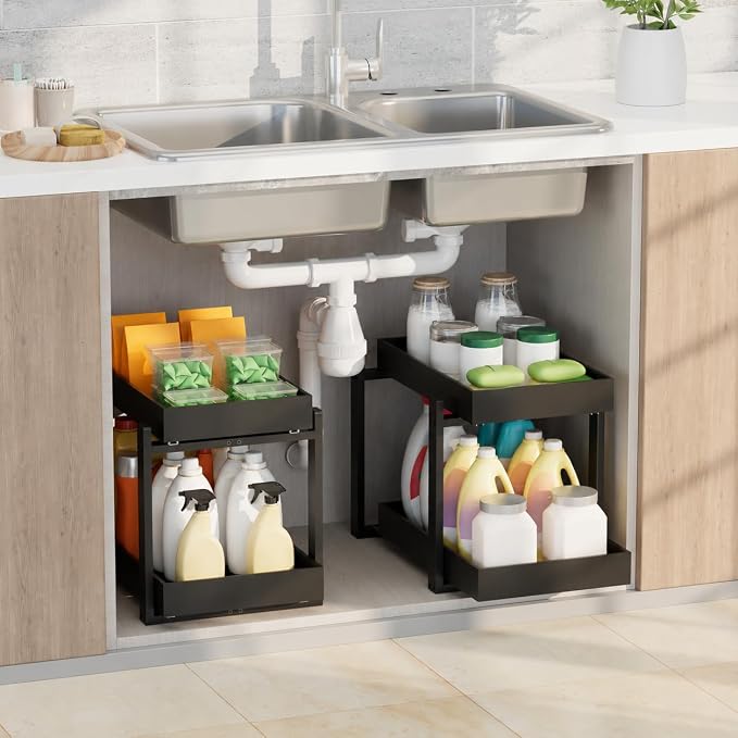 APRTAT 2 Pack Bamboo Under Sink Organizer, 2-Tier Pull Out Storage Drawers by HEALTHYYOU