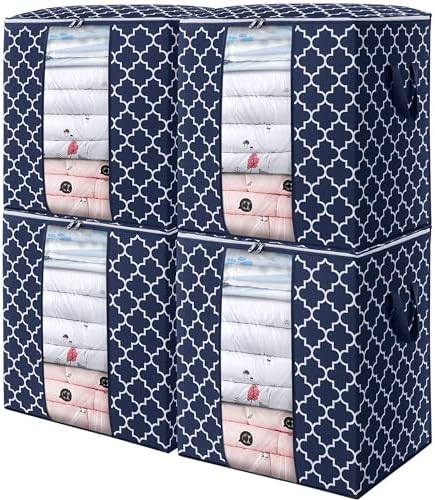 Storage Bags 4 Pack 100L Clothes Organization and Storage Containers | Large Blanket for Comforters,Bedding, Foldable Organizer with Reinforced Handle, Clear Window, Sturdy Zippers, Blue by WiseLife