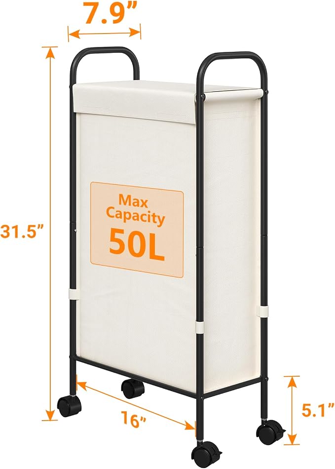 ELYKEN Slim Laundry Hamper with Lid & Wheels, 50L Rolling Laundry Basket - Image 3