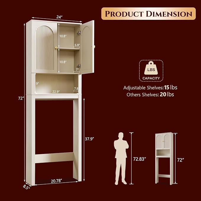 72" Over The Toilet Storage Cabinet, Wood Bathroom Storage Cabinet, Cream - Image 2