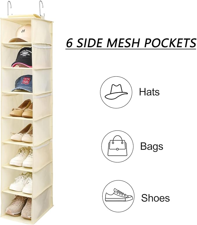 Berdeng Hanging Shoe Organizer for Closet with Side Mesh Pockets，Hat Racks for Baseball Caps，Shoe and Hat Holder & Storage，8-Shelf，Beige，1 Pack - Image 6
