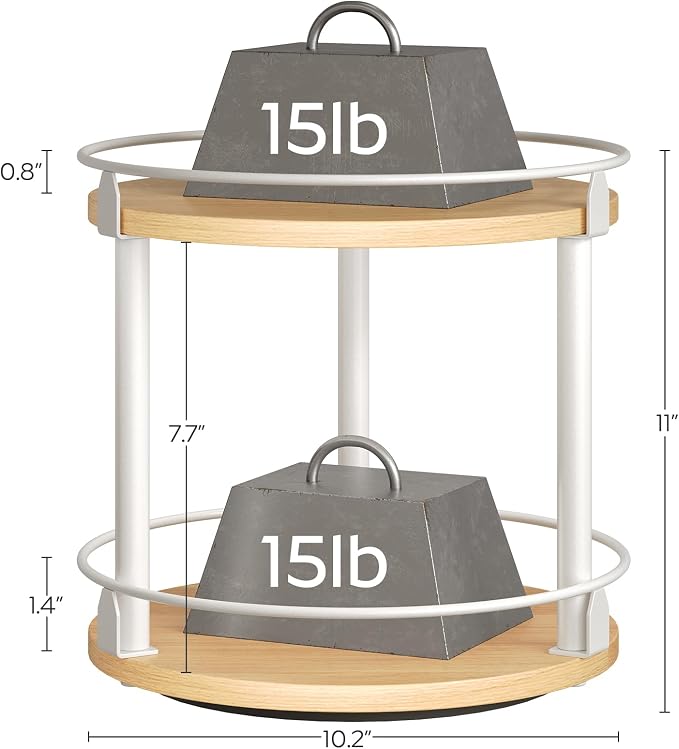 YATINEY Lazy Susan Organizer, Rotating Spice Rack, 2 Tier Spice Turntable Organizer, Industrial Turntable Spice Holder, for Kitchen Countertop, Compact and Versatile, White and Natural SR22WN - Image 9