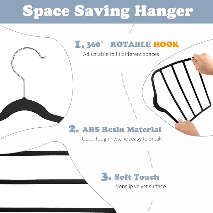 Tinfol Velvet Pants Hanger Space Saving, 4pc Black Non-Silp Velvet Hangers with Hook, Multi Tier Ultra Thin Trousers Hangers, Closet Clothes Hanger Organizer Storage for Trousers, Scarves, Jeans - Image 3