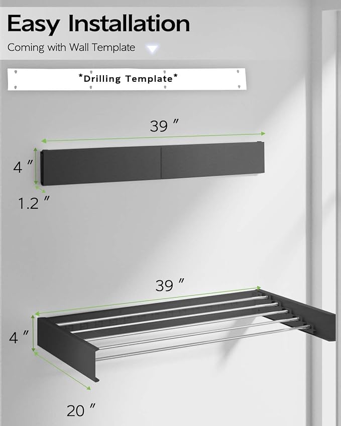 Vikaqi Wall Mounted Clothes Drying Rack 40", Foldable Wall Mount Laundry Rack Folding Indoor, Drying Rack Clothing Collapsible, Hidden Space Saver with Wall Template, 6 Rods, Black - Image 6