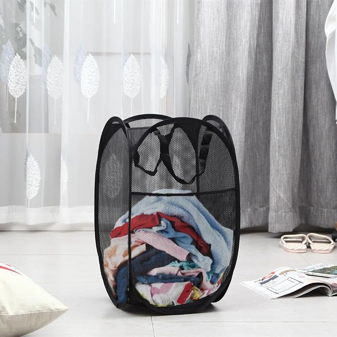 Larpur Popup Mesh Laundry Basket, Collapsible and Portable Clothes Washing Laundry Hamper with Reinforced Carry Handle (Black 2pcs) - Image 4