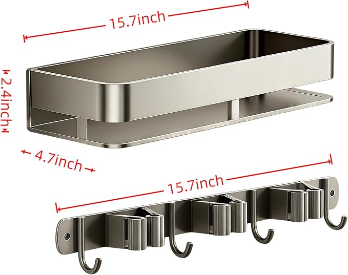 Broom Holder Wall Mount, Heavy Duty Mop Organizer with Shelf, Anti-Slip Grippers & Hooks for Laundry Room Garage Utility Closet（16inches） - Image 2