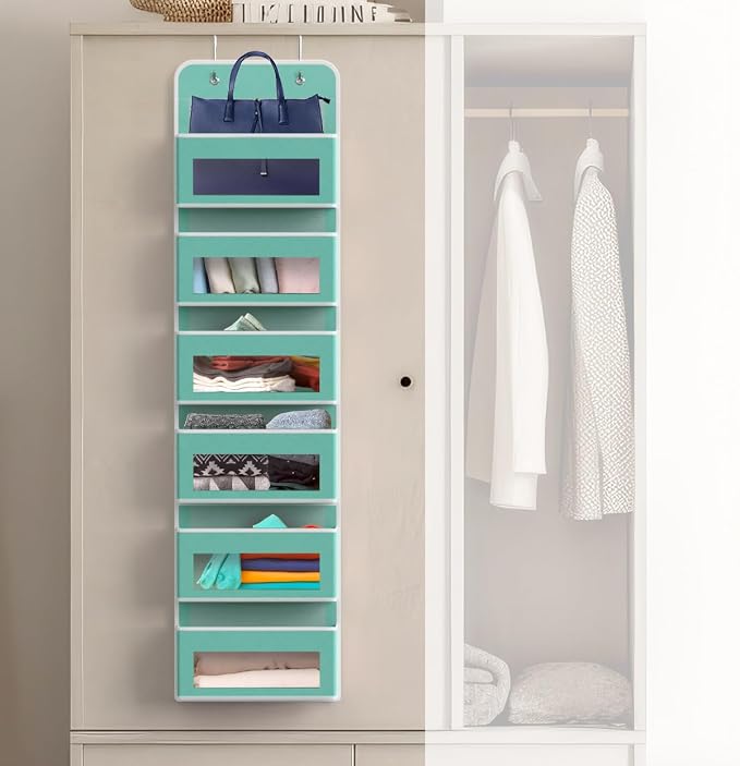 Simple Houseware 6 Clear Pocket Over Door Hanging Organizer, Turquoise - Image 4