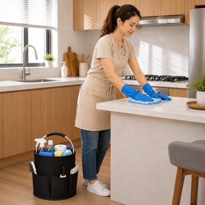 Cleaning Caddy with Handle, 17L Foldable Storage Basket, Heavy Duty 600D Oxford Cloth Organizer, Portable Supply Bag, Multi-Purpose Supplies Caddy for Home, Bathroom, Kitchen, Garden - Black - Image 5