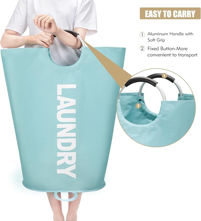 Maxsilan 90L Large Laundry Basket Bag, Collapsible Tall Hamper, Light Blue - Image 5