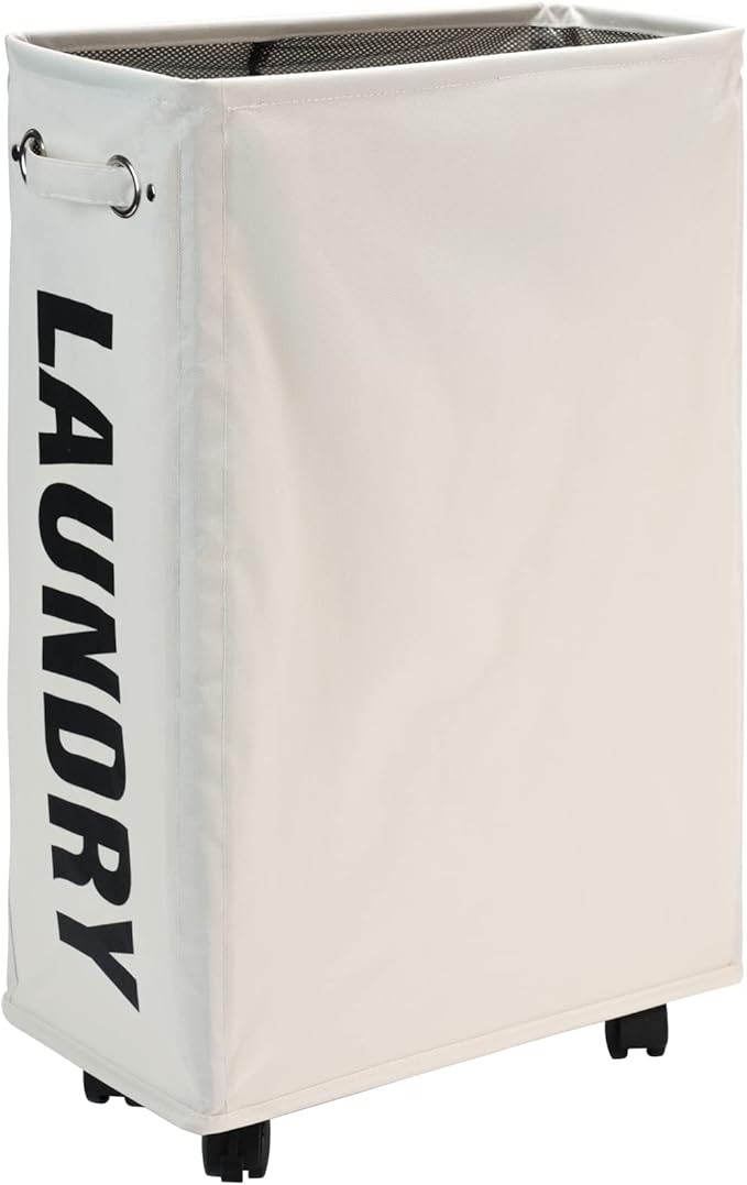 DOKEHOM 25" Slim Rolling Laundry Basket Hamper, Narrow on Wheels, Beige by DOKEHOM