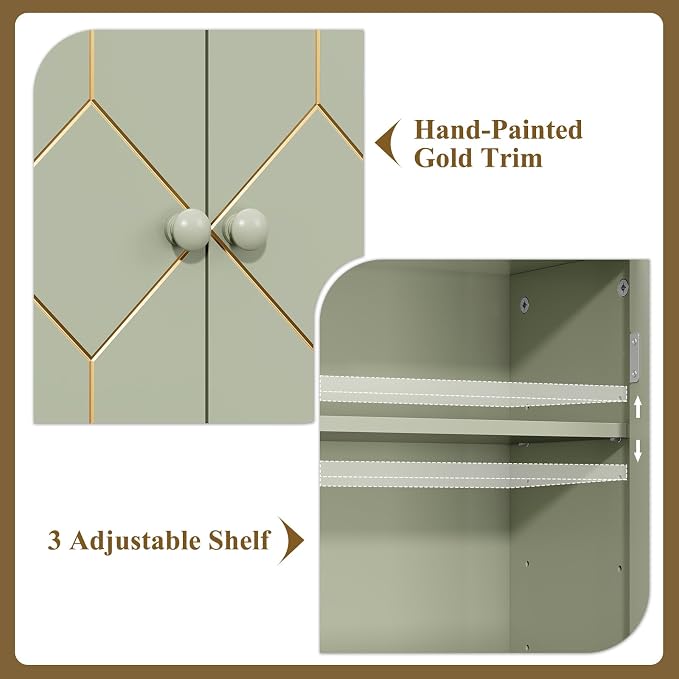 HLR Over The Toilet Storage Cabinet with Gold Trim, Over Toilet Bathroom Organizer with Adjustable Shelves and Toilet Paper Holder, Above Toilet Storage Cabinet Spacesaver for Bathroom (Green) - Image 4
