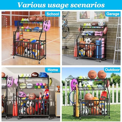 Jsskeeim Garage Sports Equipment Organizer,Sports Ball Organizer with Wheels,Mesh Pocket, Basket,Ball Organizer with Baseball Bat Rack and HooksToy Storage Rolling Cart-Black - Image 4