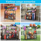 Jsskeeim Garage Sports Equipment Organizer,Sports Ball Organizer with Wheels,Mesh Pocket, Basket,Ball Organizer with Baseball Bat Rack and HooksToy Storage Rolling Cart-Black - Image 4