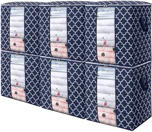 Storage Bags 6 Pack 100L Clothes Organization and Storage Containers | Large Blanket for Comforters,Bedding, Foldable Organizer with Reinforced Handle, Clear Window, Sturdy Zippers, Blue by WiseLife