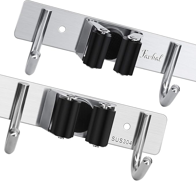 Broom Hanger Wall Mounted, 2PCS Mop and Broom Holder Wall Mount Garage Organization and Storage Stainless Steel Kitchen Tool Organizer Wall Hanger for Laundry Room Garden Garage Closet Kitchen - Image 2