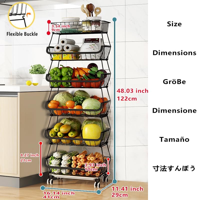CarolynDesign Kitchen Storage Baskets Black Iron Wire Storage Bins with Wheels and Feet, Stackable Vegetable Storage Baskets (6-Tier Baskets) - Image 2