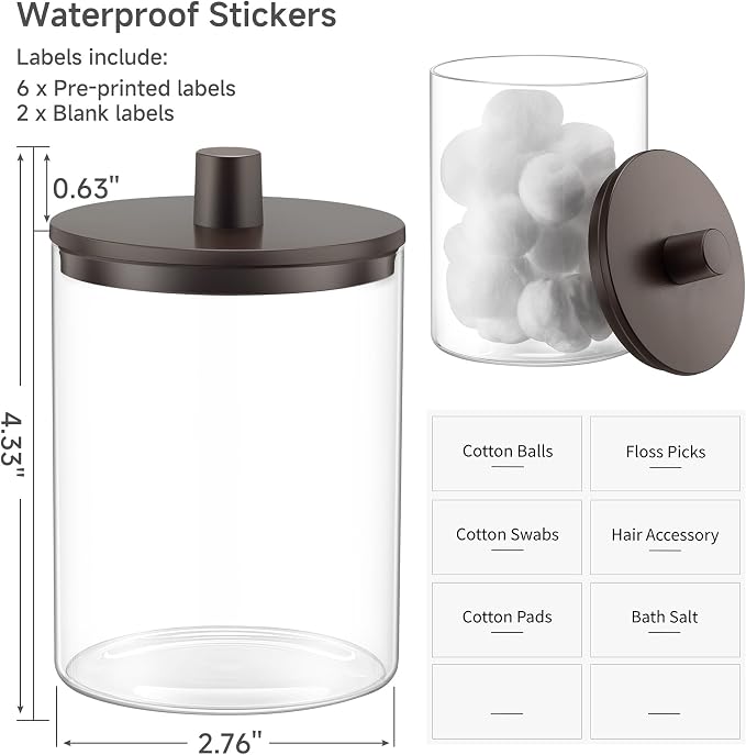 TIPGO Glass Qtip Holder Dispenser for Bathroom - 10 oz Clear Canister Apothecary Jar for Cotton Swabs, Balls, Pads, Floss Picks, Small Containers for Makeup Storage Organizer (2 Pack, Brown) - Image 3