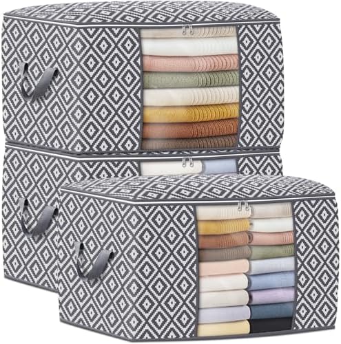 100L 3 Pack Storage Bags, Foldable Clothes Bins with Clear Window, Gray | Blanket Storage Containers with Reinforced Handles for Bedding, Comforters, Clothing, Quilts and Closet Organization by StorageTastic
