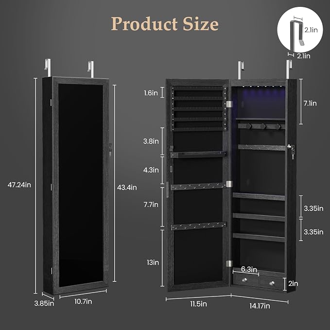 DUMOS 6 LEDs Mirror Jewelry Organizer Cabinet, Jewelry Armoire, 47.2 Inch - Image 2