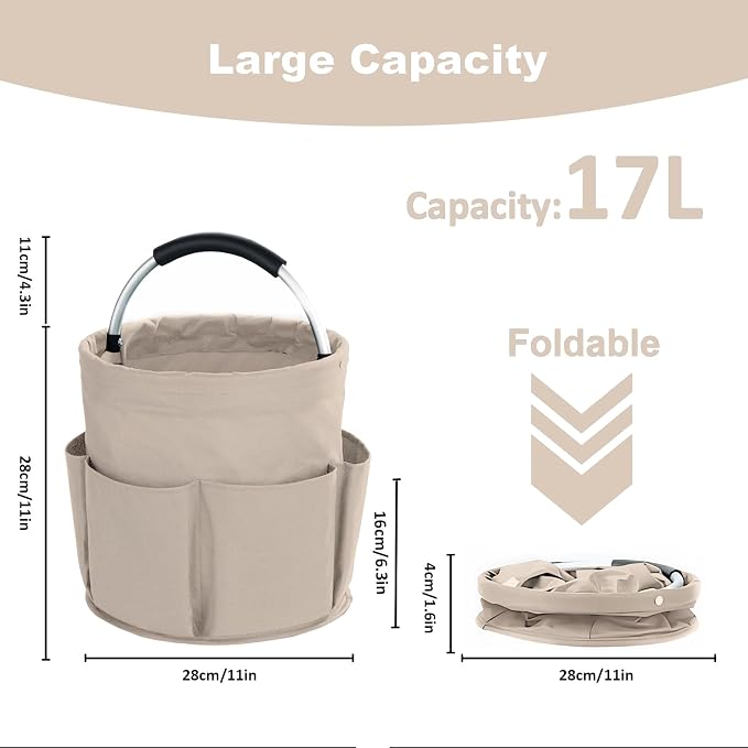 17L Cleaning Caddy with Handle, Cleaning Supplies Organizer, Foldable Storage Basket, Cleaning Supply Caddy, Portable Multi Cleaning Bucket Bag for Home, Garden (Khaki) - Image 4