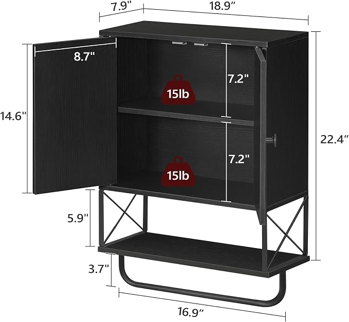 MAHANCRIS Bathroom Wall Cabinet with 2 Door and Adjustable Shelf, Farmhouse Medicine Cabinet with Towel Rack, 3-Tier Wall Mounted Storage Cabinet Over The Toilet for Bathroom, 18.9" L, Black - Image 3