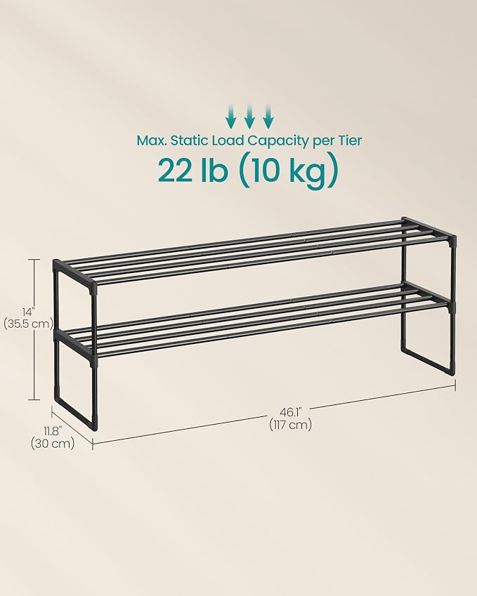 SONGMICS Shoe Rack, 2-Tier Shoe Organizer, Metal Storage Shelf | for Entryway, Upright or Upside Down, for 15-18 Pairs, Stackable, 11.8 x 46.1 x 14 Inches, Black ULSA032B01 - Image 3