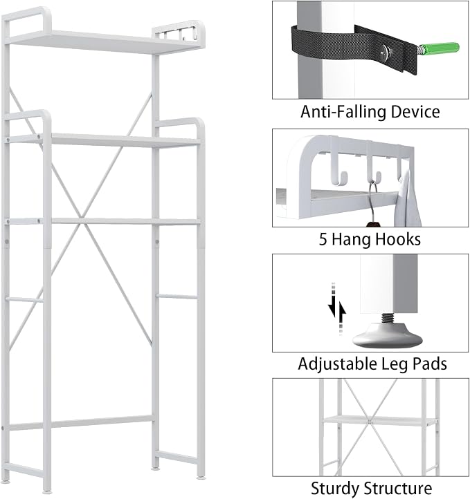 Huhote Over The Toilet Storage Rack with 3-Tier Bathroom Shelves, Space Saver Toilet Shelf, Bathroom Storage Organizer with Hooks for Over Toilet Storage and Shelf (White) - Image 3