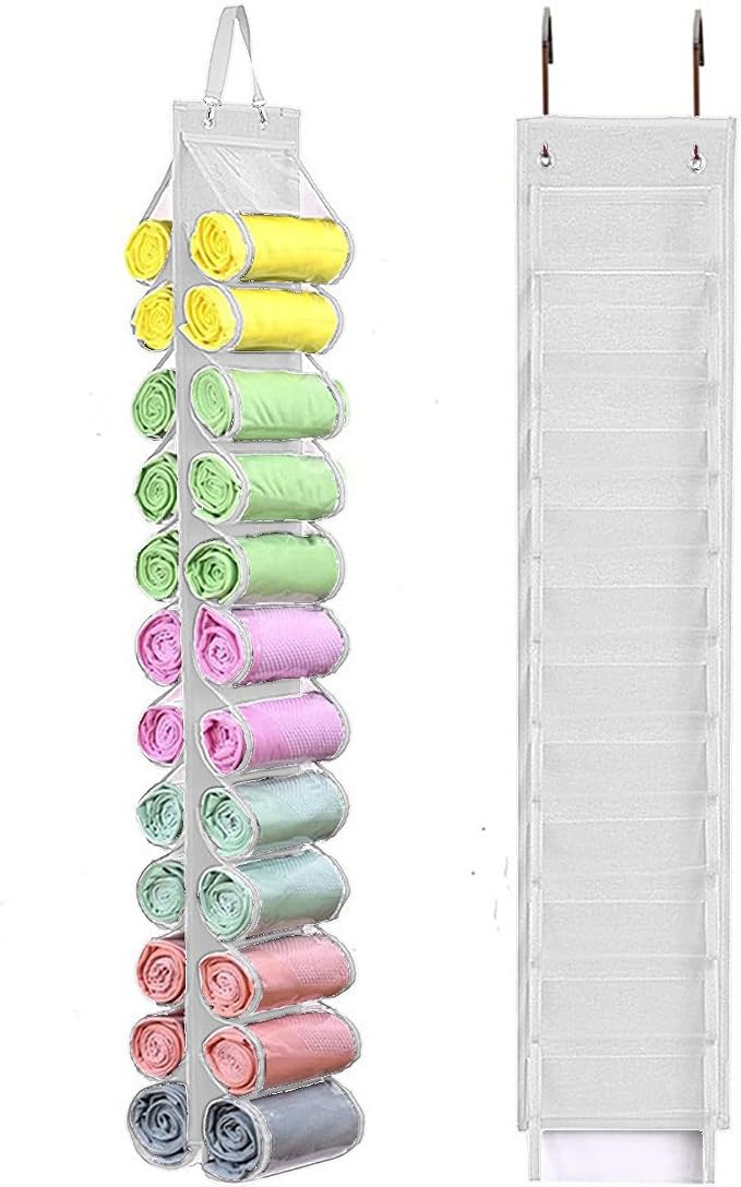 Legging Storage Bag Hanger - Can Hold 24 Leggings, Shirts or Jeans - Foldable Clothes Organizer, Portable Closet Roll Holder (White) by RZMAYIS