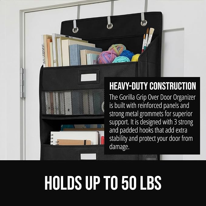 GORILLA GRIP Over The Door Organizer Storage, 5 Deep Hanging Shelves, Holds 50lbs, Closet Organizers Shelf for Bedroom, Shoes, Bathroom, Nursery, Dorm Essentials, 3 Metal Hooks, 58x15 Inches, Black - Image 3
