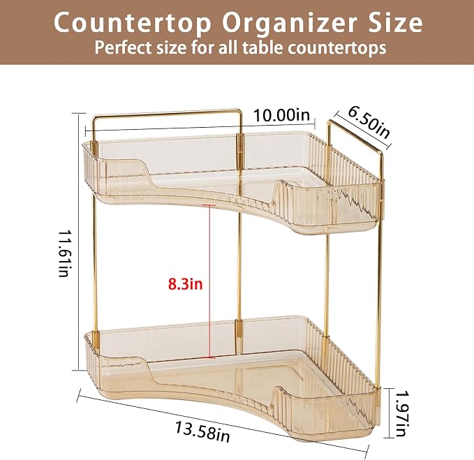 shuang qing 2-Tier Corner Bathroom Counter Organizer – Classic Storage Shelf for Makeup, Perfume & Toiletries, Space-Saving Countertop Tray Fits Bathroom, Dresser, Kitchen (Vintage Gold) - Image 2