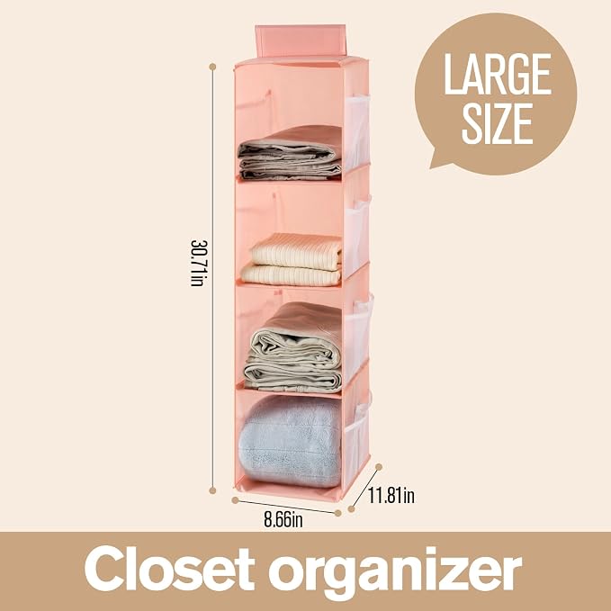 Hanging Closet Organizer, 4-Section Storage Shelves, Oxford Cloth with Mesh Pockets, (Pink, 4 Section) - Image 2