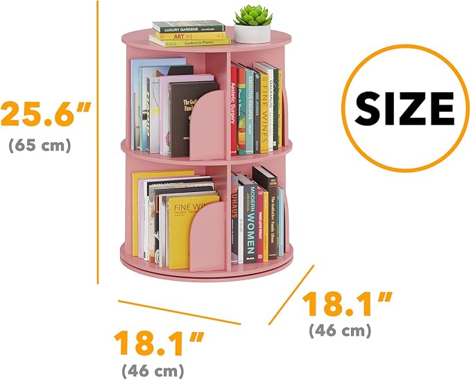 SpaceAid 2 Tier Rotating Bookshelf Tower, Spinning Bookcase Lazy Susan, Revolving 360 Book Shelf Storage Round Carousel, Vertical Rotate Turning Spiral Corner Organizer, Pink - Image 2