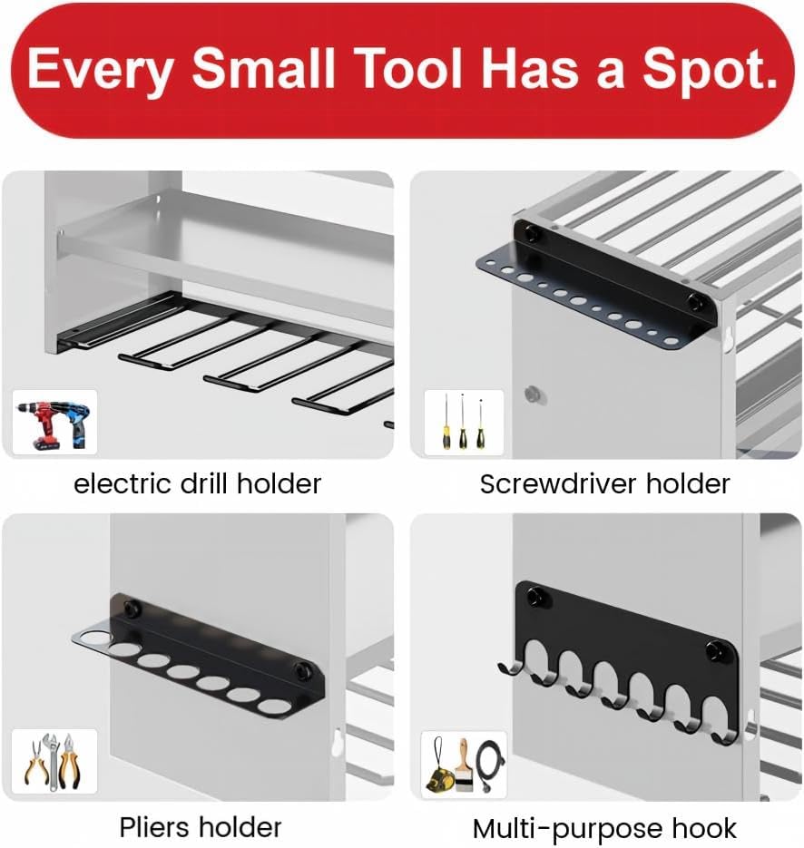 53" Power Tool Organizer Wall Mount with Power Strip, 4 Layers - Image 3
